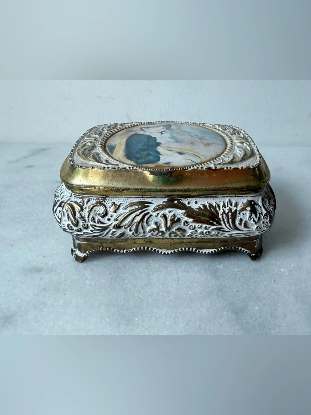 vintage jewelry box is a Victorian Girl Trinket Box a gold metal frame